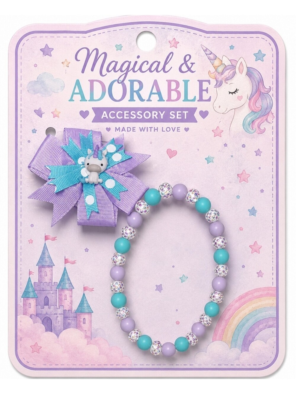 Kawaii Unicorn Polka Dot Hair Bow Clip & Bubblegum Bead Rhinestone Necklace Set